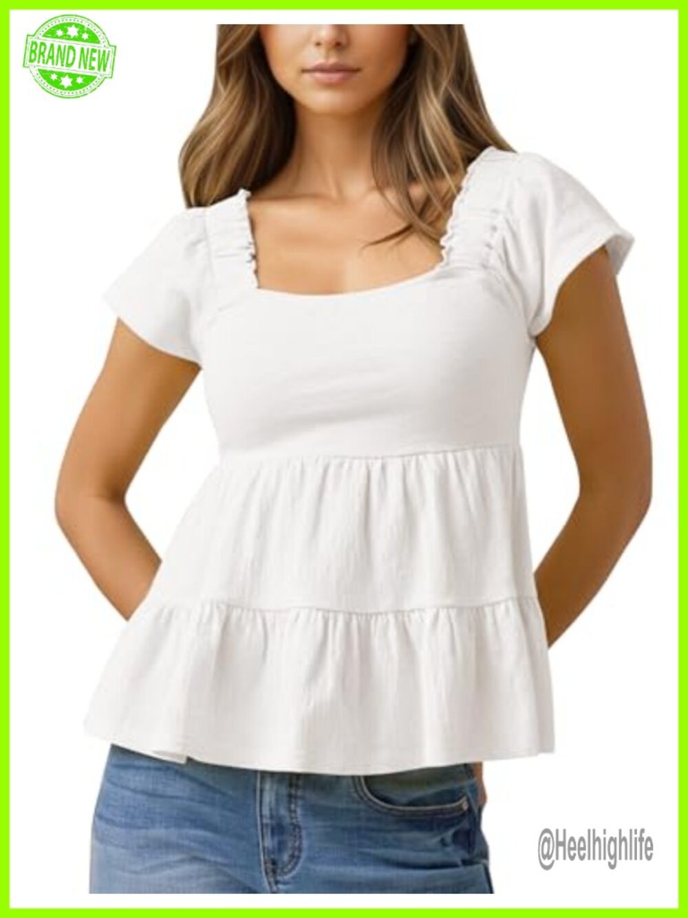 Flowy Peplum Babydoll Top Square Neck Backless Short Sleeve Ruffle Blouse